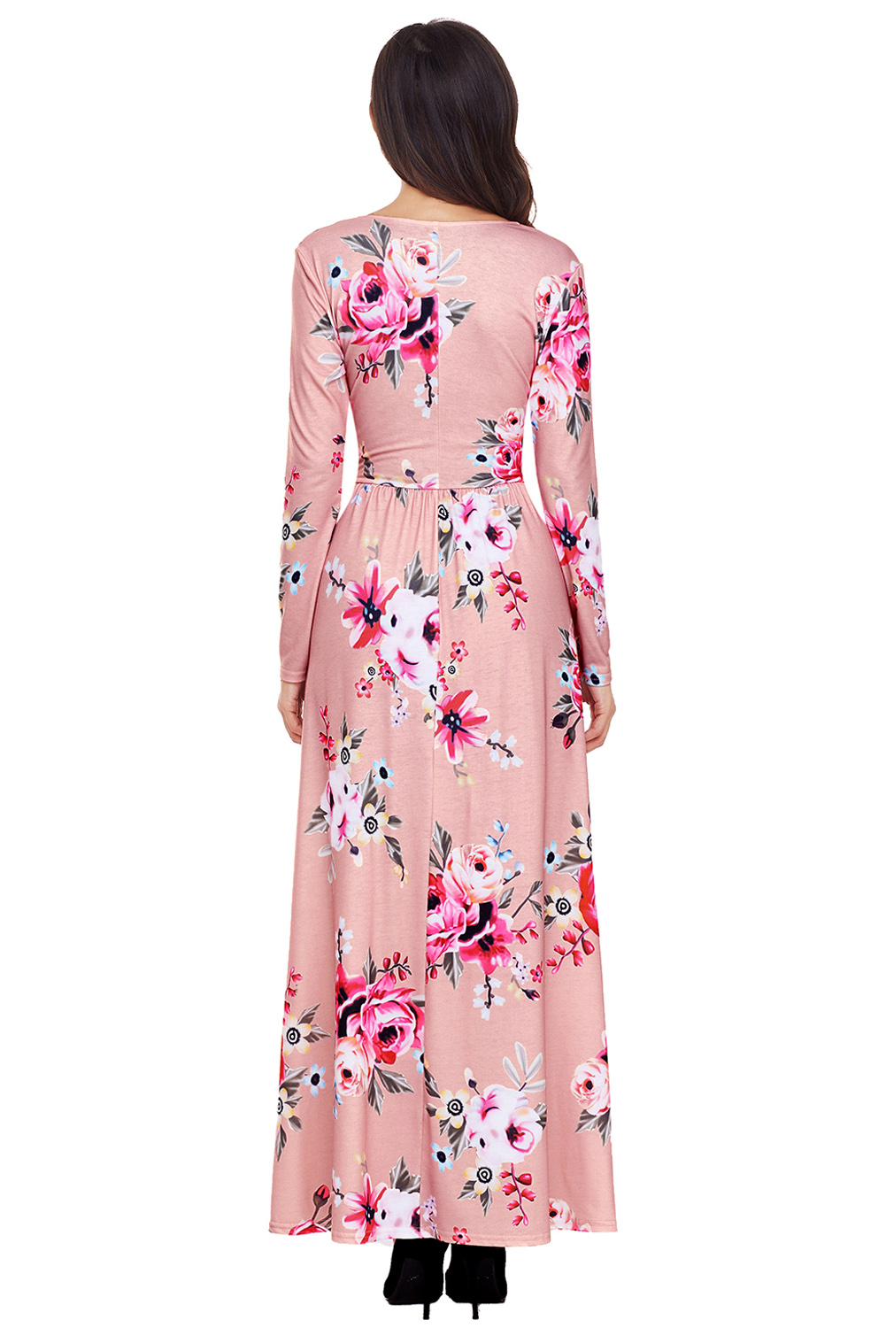 BY61772-10 Mauve Floral Surplice Long Sleeve Maxi Boho Dress